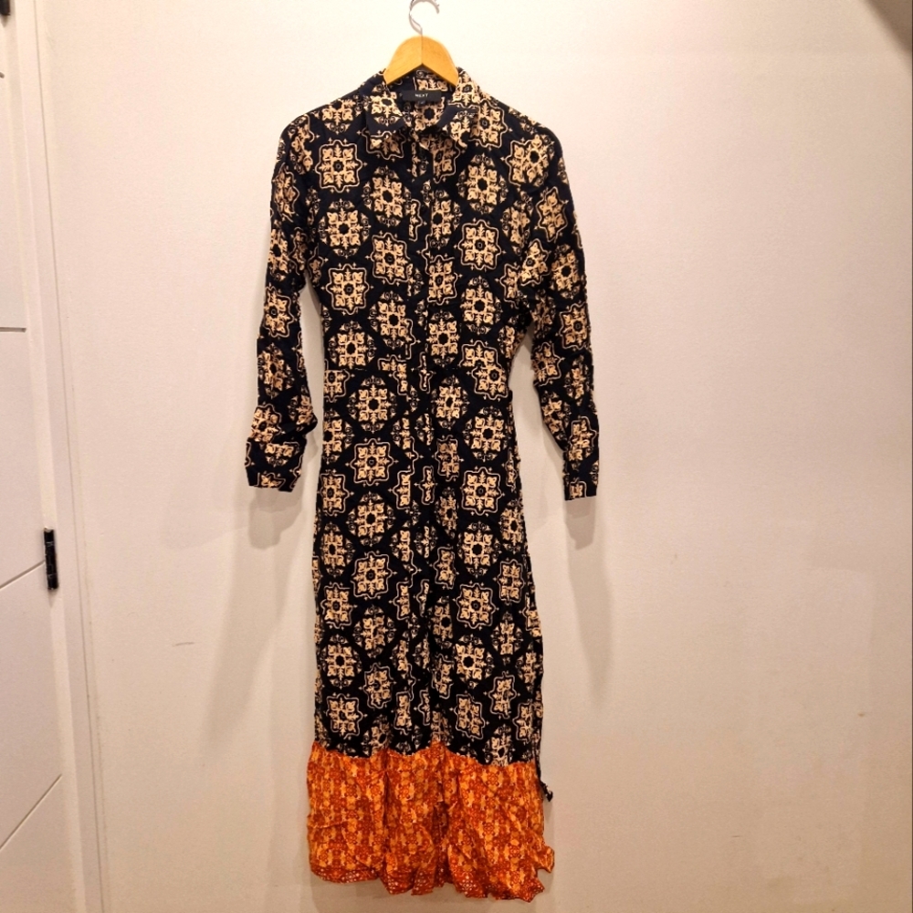 Blouse maxi dress by Next, size 38, beautiful print, black, beige and orange